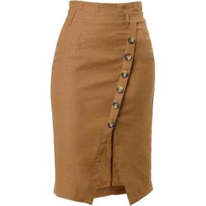 imageAllegra K Womens Button Decor Split Belted Smocked Vintage Short Pencil SkirtBrown