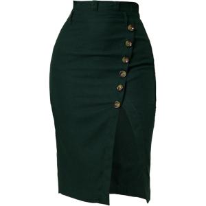 imageAllegra K Womens Button Decor Split Belted Smocked Vintage Short Pencil SkirtGreen