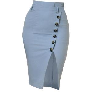 imageAllegra K Womens Button Decor Split Belted Smocked Vintage Short Pencil SkirtLight Blue