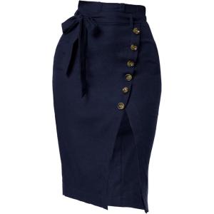imageAllegra K Womens Button Decor Split Belted Smocked Vintage Short Pencil SkirtNavy Blue
