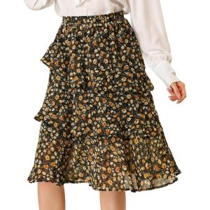 imageAllegra K Womens Floral Layered Elastic Waist Chiffon Ruffle Midi SkirtBlack