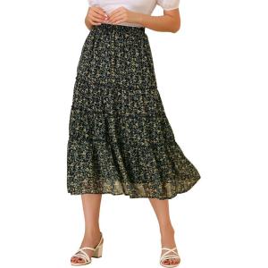 imageAllegra K Womens Floral Skirts Chiffon Aline Long Tiered Ruffle Boho Midi Skirt XS3XLBlack Green