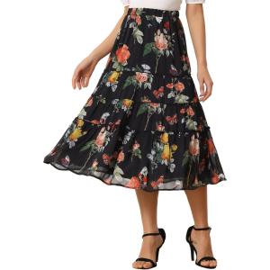 imageAllegra K Womens Floral Skirts Chiffon Aline Long Tiered Ruffle Boho Midi Skirt XS3XLBlack Pink