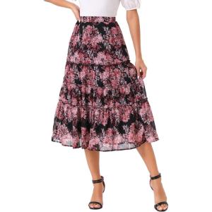 imageAllegra K Womens Floral Skirts Chiffon Aline Long Tiered Ruffle Boho Midi Skirt XS3XLBlack Pinks