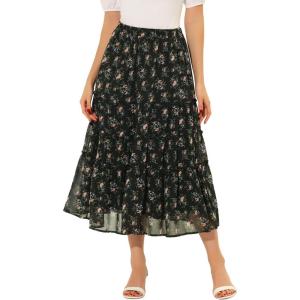 imageAllegra K Womens Floral Skirts Chiffon Aline Long Tiered Ruffle Boho Midi Skirt XS3XLBlack a