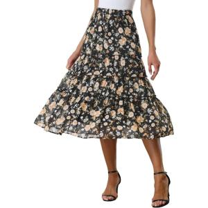 imageAllegra K Womens Floral Skirts Chiffon Aline Long Tiered Ruffle Boho Midi Skirt XS3XLBlacks