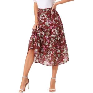 imageAllegra K Womens Floral Skirts Chiffon Aline Long Tiered Ruffle Boho Midi Skirt XS3XLBurgundy