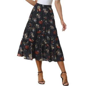 imageAllegra K Womens Floral Skirts Chiffon Aline Long Tiered Ruffle Boho Midi Skirt XS3XLDark Blue