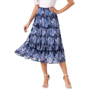 imageAllegra K Womens Floral Skirts Chiffon Aline Long Tiered Ruffle Boho Midi Skirt XS3XLDeep Blue