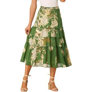 imageAllegra K Womens Floral Skirts Chiffon Aline Long Tiered Ruffle Boho Midi Skirt XS3XLDeep Green