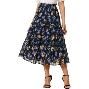 imageAllegra K Womens Floral Skirts Chiffon Aline Long Tiered Ruffle Boho Midi Skirt XS3XLNavy