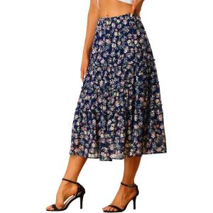 imageAllegra K Womens Floral Skirts Chiffon Aline Long Tiered Ruffle Boho Midi Skirt XS3XLNavy Blue