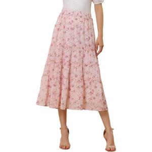 imageAllegra K Womens Floral Skirts Chiffon Aline Long Tiered Ruffle Boho Midi Skirt XS3XLPink