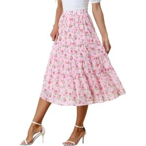 imageAllegra K Womens Floral Skirts Chiffon Aline Long Tiered Ruffle Boho Midi Skirt XS3XLPink Rose