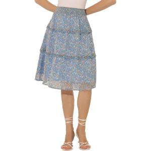 imageAllegra K Womens Floral Skirts Summer Smocked Elastic Waist ALine Below Knee Length Ruffle Tiered SkirtBlue