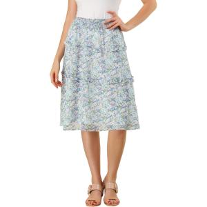 imageAllegra K Womens Floral Skirts Summer Smocked Elastic Waist ALine Below Knee Length Ruffle Tiered SkirtBlue Purple