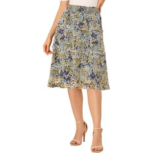 imageAllegra K Womens Floral Skirts Summer Smocked Elastic Waist ALine Below Knee Length Ruffle Tiered SkirtDark Blue