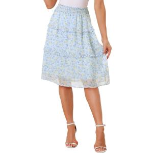 imageAllegra K Womens Floral Skirts Summer Smocked Elastic Waist ALine Below Knee Length Ruffle Tiered SkirtLight Blue