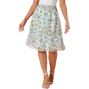 imageAllegra K Womens Floral Skirts Summer Smocked Elastic Waist ALine Below Knee Length Ruffle Tiered SkirtLight Green