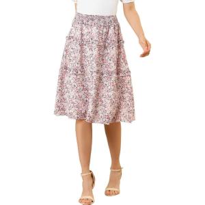 imageAllegra K Womens Floral Skirts Summer Smocked Elastic Waist ALine Below Knee Length Ruffle Tiered SkirtPink