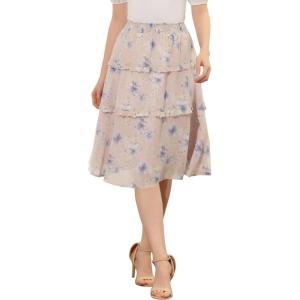 imageAllegra K Womens Floral Skirts Summer Smocked Elastic Waist ALine Below Knee Length Ruffle Tiered SkirtPink Blue