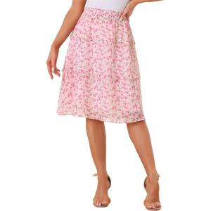 imageAllegra K Womens Floral Skirts Summer Smocked Elastic Waist ALine Below Knee Length Ruffle Tiered SkirtPinks