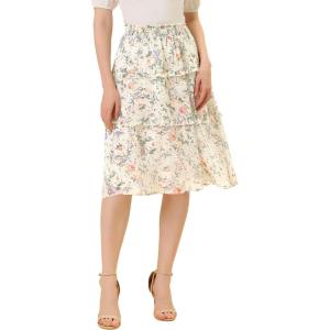 imageAllegra K Womens Floral Skirts Summer Smocked Elastic Waist ALine Below Knee Length Ruffle Tiered SkirtWhite