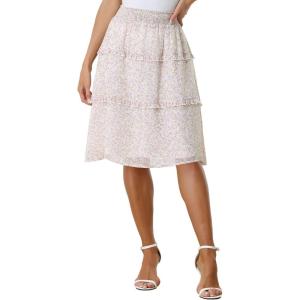 imageAllegra K Womens Floral Skirts Summer Smocked Elastic Waist ALine Below Knee Length Ruffle Tiered SkirtWhite1