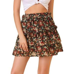 imageAllegra K Womens Layered Ruffle Hem Elastic Waist ALine Skater Floral Mini SkirtBlack