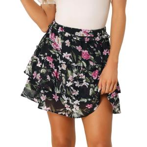 imageAllegra K Womens Layered Ruffle Hem Elastic Waist ALine Skater Floral Mini SkirtBlack Pink