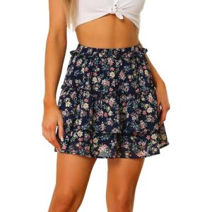 imageAllegra K Womens Layered Ruffle Hem Elastic Waist ALine Skater Floral Mini SkirtDark Blue