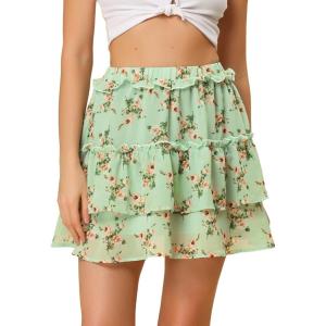 imageAllegra K Womens Layered Ruffle Hem Elastic Waist ALine Skater Floral Mini SkirtGreen