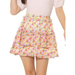 imageAllegra K Womens Layered Ruffle Hem Elastic Waist ALine Skater Floral Mini SkirtMulticolor