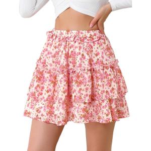 imageAllegra K Womens Layered Ruffle Hem Elastic Waist ALine Skater Floral Mini SkirtPink