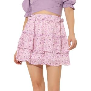 imageAllegra K Womens Layered Ruffle Hem Elastic Waist ALine Skater Floral Mini SkirtPurple