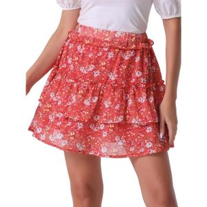 imageAllegra K Womens Layered Ruffle Hem Elastic Waist ALine Skater Floral Mini SkirtRed