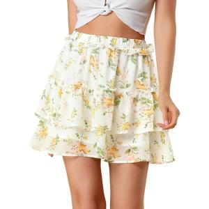 imageAllegra K Womens Layered Ruffle Hem Elastic Waist ALine Skater Floral Mini SkirtWhite