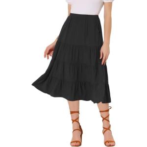 imageAllegra K Womens Midi Skirts Solid Elastic Waist Flare Tiered Long ALine Skirt with PocketsBlack