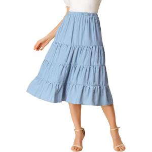 imageAllegra K Womens Midi Skirts Solid Elastic Waist Flare Tiered Long ALine Skirt with PocketsBlue