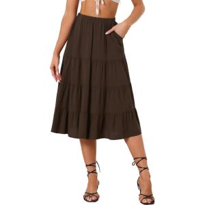 imageAllegra K Womens Midi Skirts Solid Elastic Waist Flare Tiered Long ALine Skirt with PocketsBrown