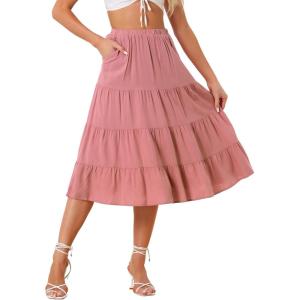 imageAllegra K Womens Midi Skirts Solid Elastic Waist Flare Tiered Long ALine Skirt with PocketsDark Rose Pink