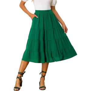 imageAllegra K Womens Midi Skirts Solid Elastic Waist Flare Tiered Long ALine Skirt with PocketsGreen