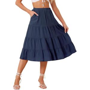 imageAllegra K Womens Midi Skirts Solid Elastic Waist Flare Tiered Long ALine Skirt with PocketsNavy