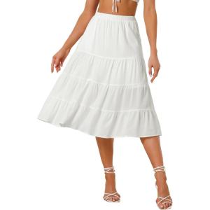 imageAllegra K Womens Midi Skirts Solid Elastic Waist Flare Tiered Long ALine Skirt with PocketsWhite