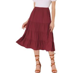 imageAllegra K Womens Midi Skirts Solid Elastic Waist Flare Tiered Long ALine Skirt with PocketsWine Red