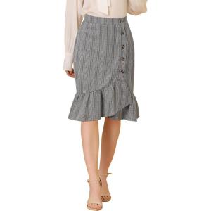 imageAllegra K Womens Plaid Asymmetric Fishtail Button Work Office Ruffle Pencil SkirtBlack White