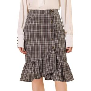 imageAllegra K Womens Plaid Asymmetric Fishtail Button Work Office Ruffle Pencil SkirtBrown