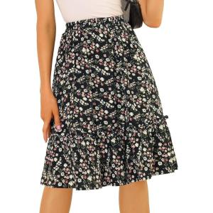 imageAllegra K Womens ALine Ruffle Elastic Waist Flowy Tiered Floral Knee Length SkirtBlack