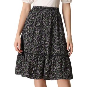 imageAllegra K Womens ALine Ruffle Elastic Waist Flowy Tiered Floral Knee Length SkirtBlack Floral