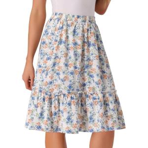 imageAllegra K Womens ALine Ruffle Elastic Waist Flowy Tiered Floral Knee Length SkirtBlue White